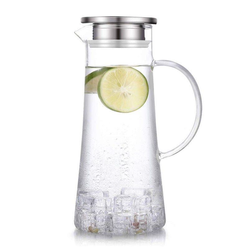Hwagui - Heat Resistant Glass Pitcher with Stainless Steel Lid, Water Carafe with Handle, Good Beverage Pitcher for Homemade Juice and Iced Tea, 1600ml/53oz - Image 1